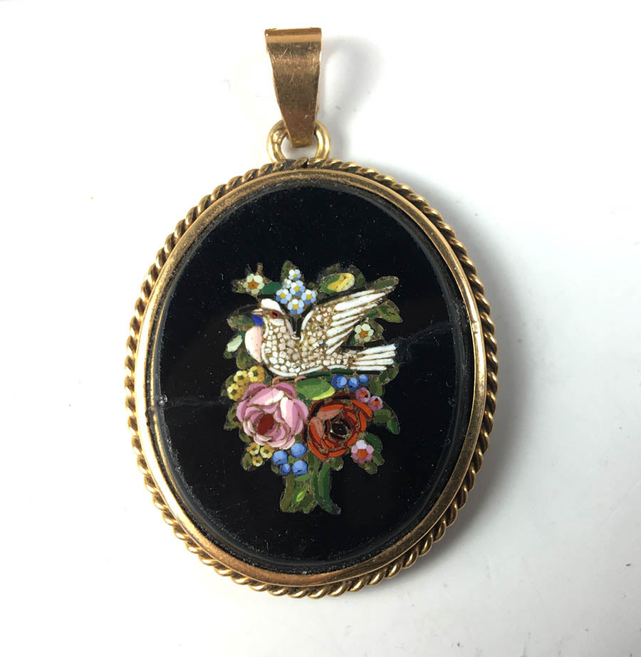 Pendentif Antique Colombe En Micro-Mosaïque Argent - Circa 1860, Grand Tour, Rare, Occasion