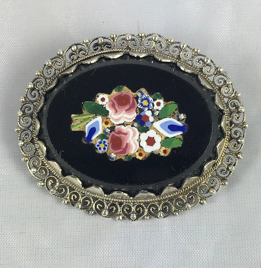 Antique Edwardian Era Italy Micro Mosaic Plaque in Large .800/1000 Silver Brooch Mount
