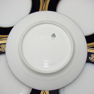 Elegant Antique French Limoges 12pc 9.75" Dinner Plate Set, Cobalt & Gold Enamel Borders