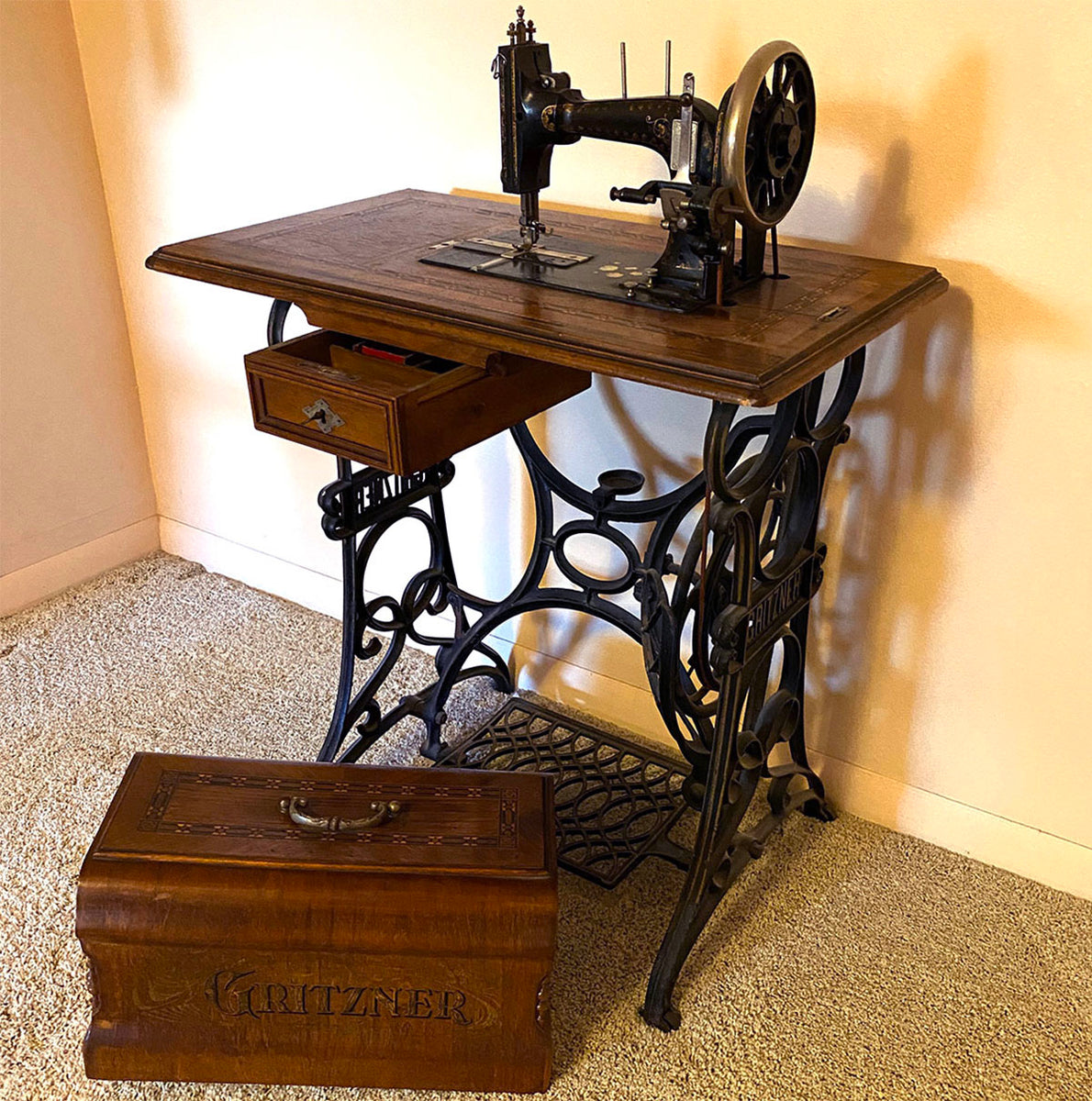 Vintage Greist Treadle Sewing Machine Accessories and Tools in Original Box  over 15 Pieces 