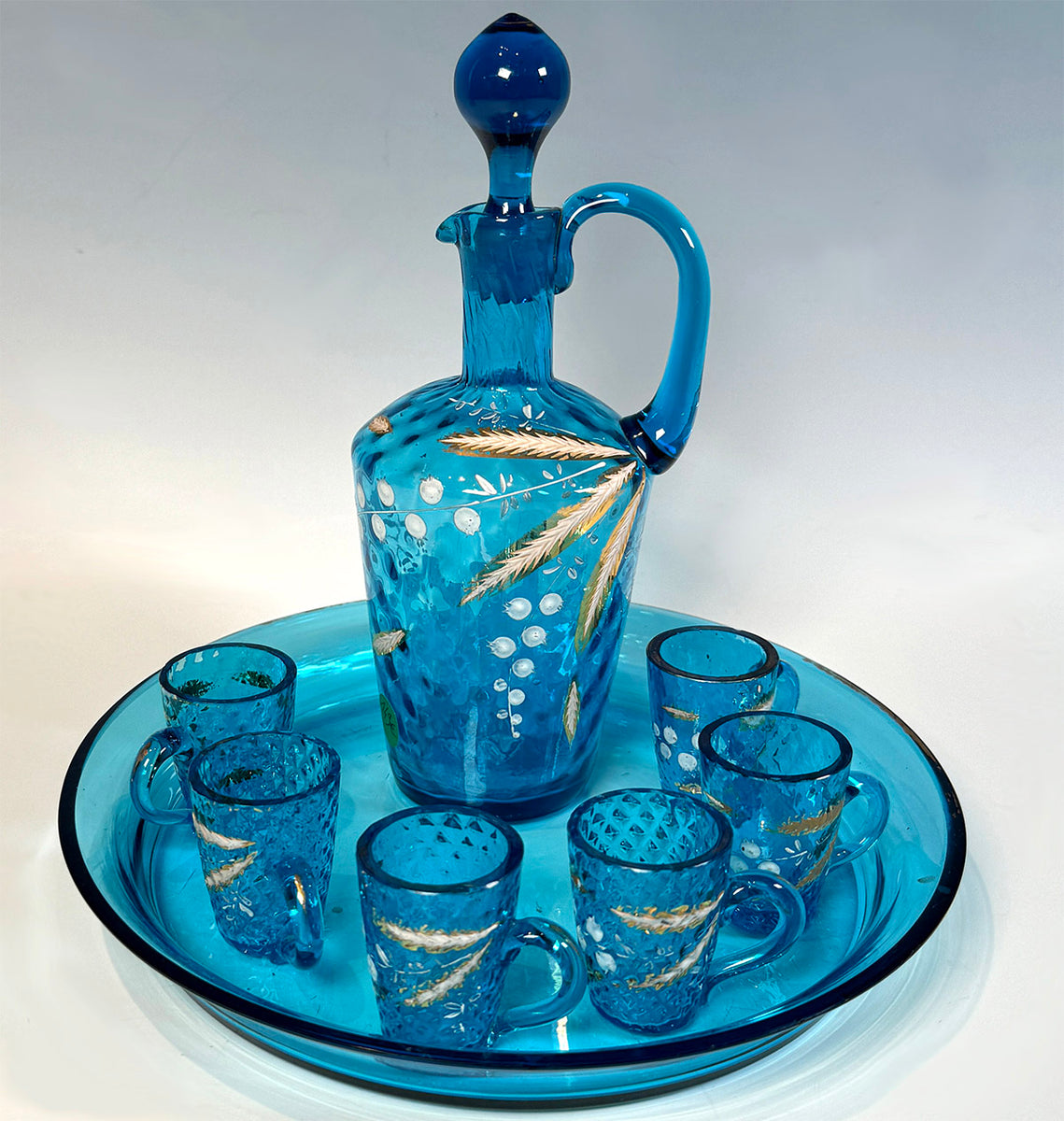 Blue + Gold Antique Liqueur Decanter, 6 Glasses store and Italian Tray