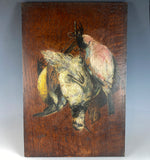 Set of 4 Antique French Oil Paintings on Wood Board, Nature Morte, Still Life, Trompe-l'œil Game Birds