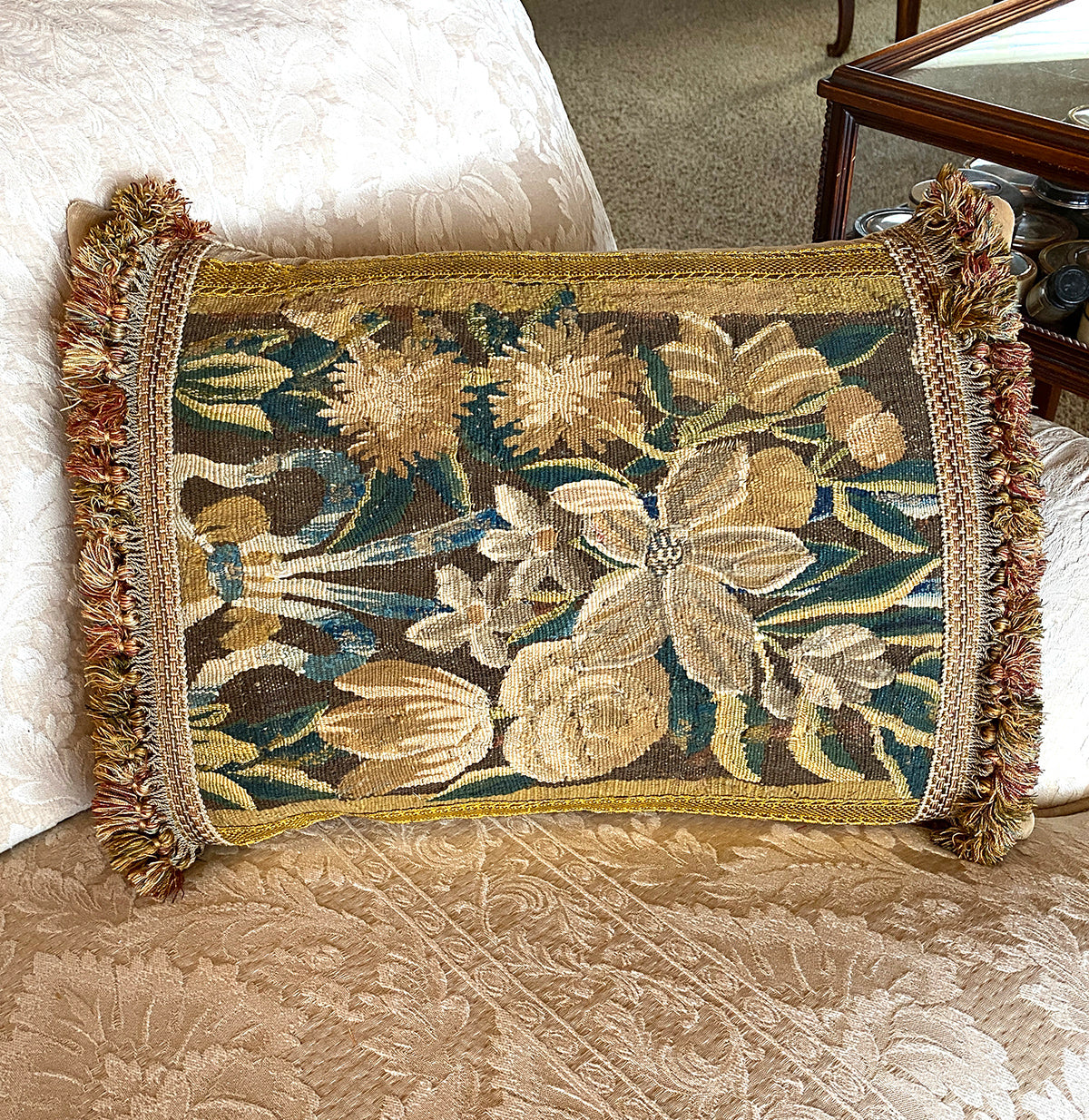 Antique 18th Century French or Flemish Verdure Tapestry Fragment Made into Elegant Throw Pillow, Fringe