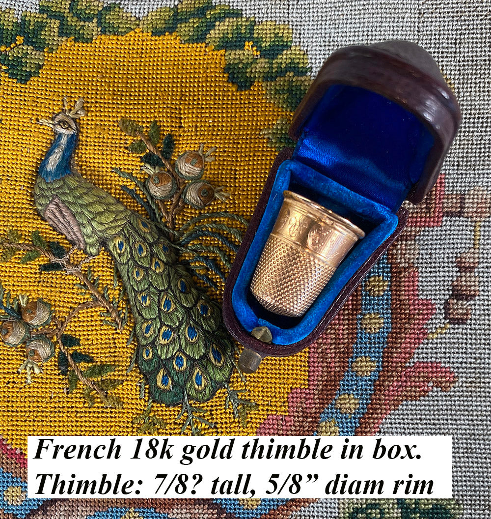 Fine Antique 18k Gold French Thimble in Leather Case, Etui, Eagle's He