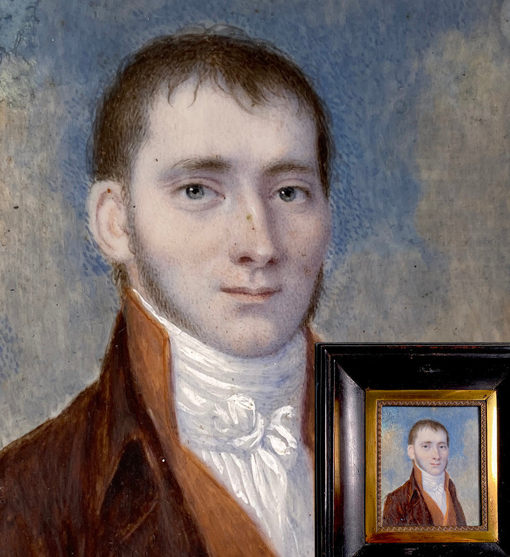 Antique French Portrait Miniature, Handsome Young Blueeyed Man c.1820