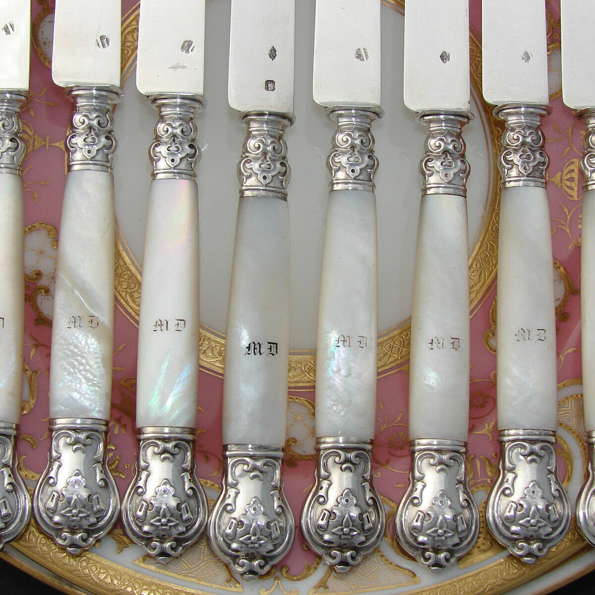 Antique French Sterling Silver & Mother of Pearl 12pc 8" Dessert Knife Set, Box