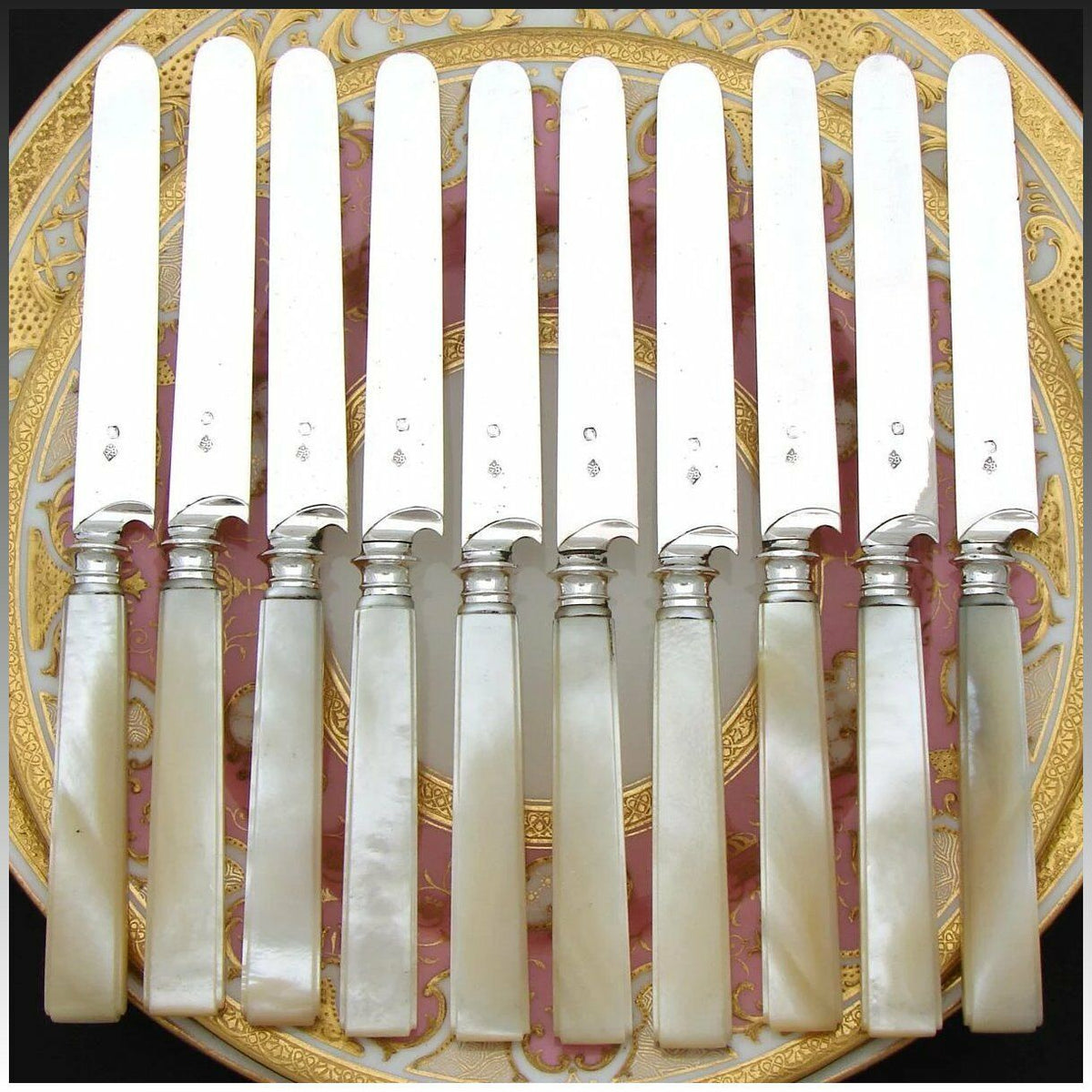 Antique French Sterling Silver & Ivory Handled 10pc Knife Set, Napoleon III  Walnut & Brass Inlay Box