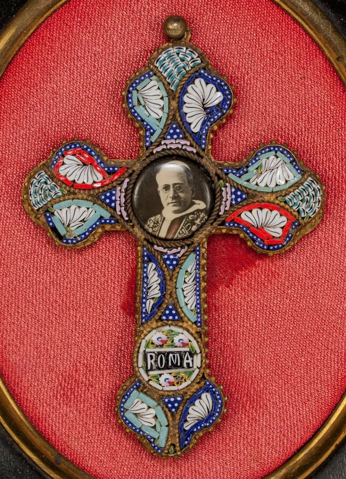 Rome Micromosaic Crucifix, Pope Pius XI, Antique Napoleon 3 Frame, Micro Mosaic