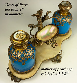 Fine Antique French Opaline Cologne Bottle Caddy, Eglomise Souvenir, Paris Vanity Stand