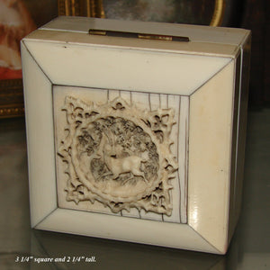 Antique Victorian Era Pocket Watch Box, Casket, Carved Ivory with Deer & Foliage