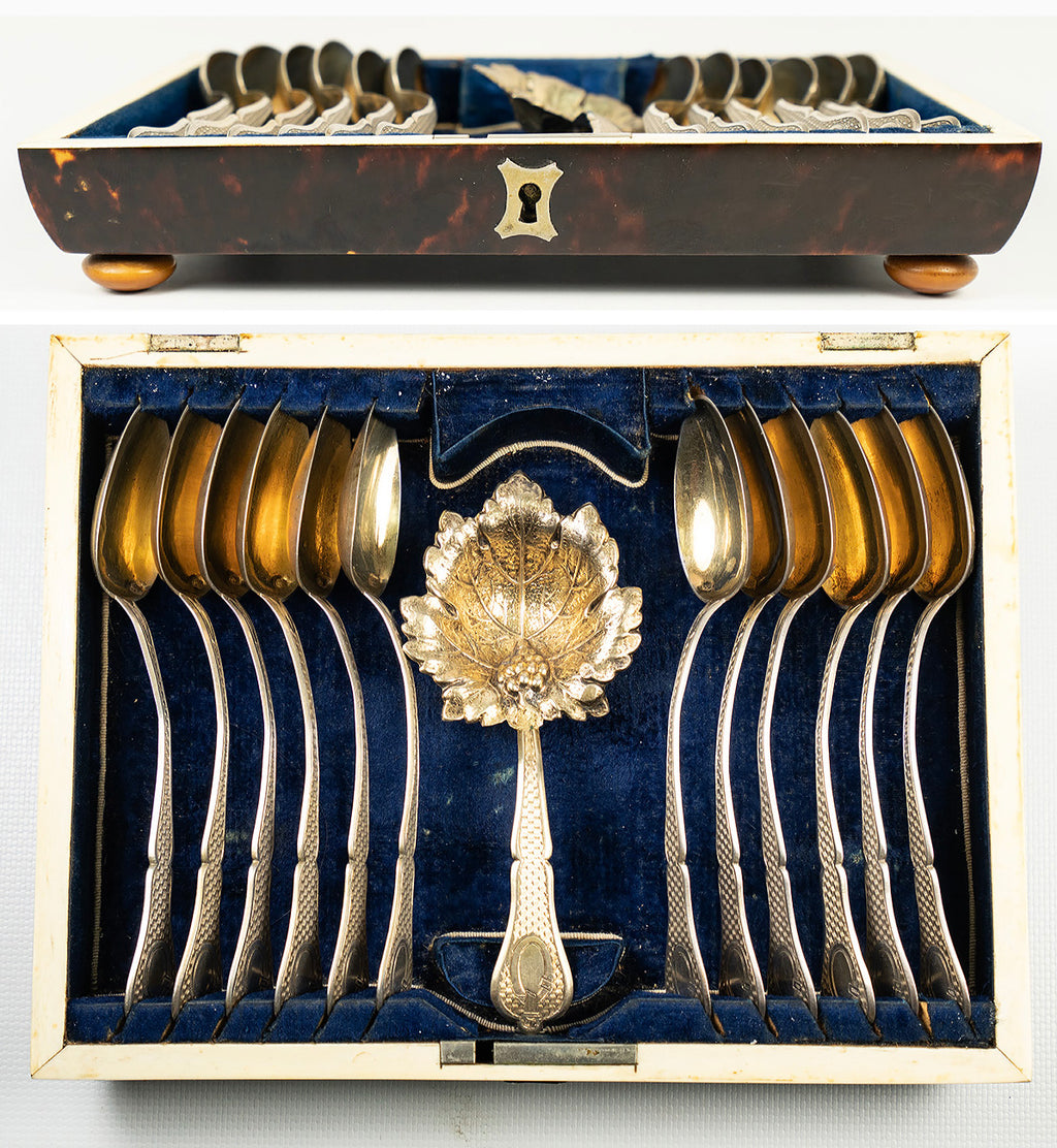 Antique Dutch 8.25" x 6" Tortoise Shell Casket, Box, Ivory Bun Feet, c.1870-1900, French Sterling Silver Vermeil Tea Set Spoons
