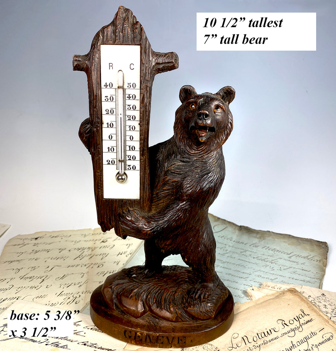 Antique Black Forest Carved Desk Thermometer Stand, Rare Pastoral