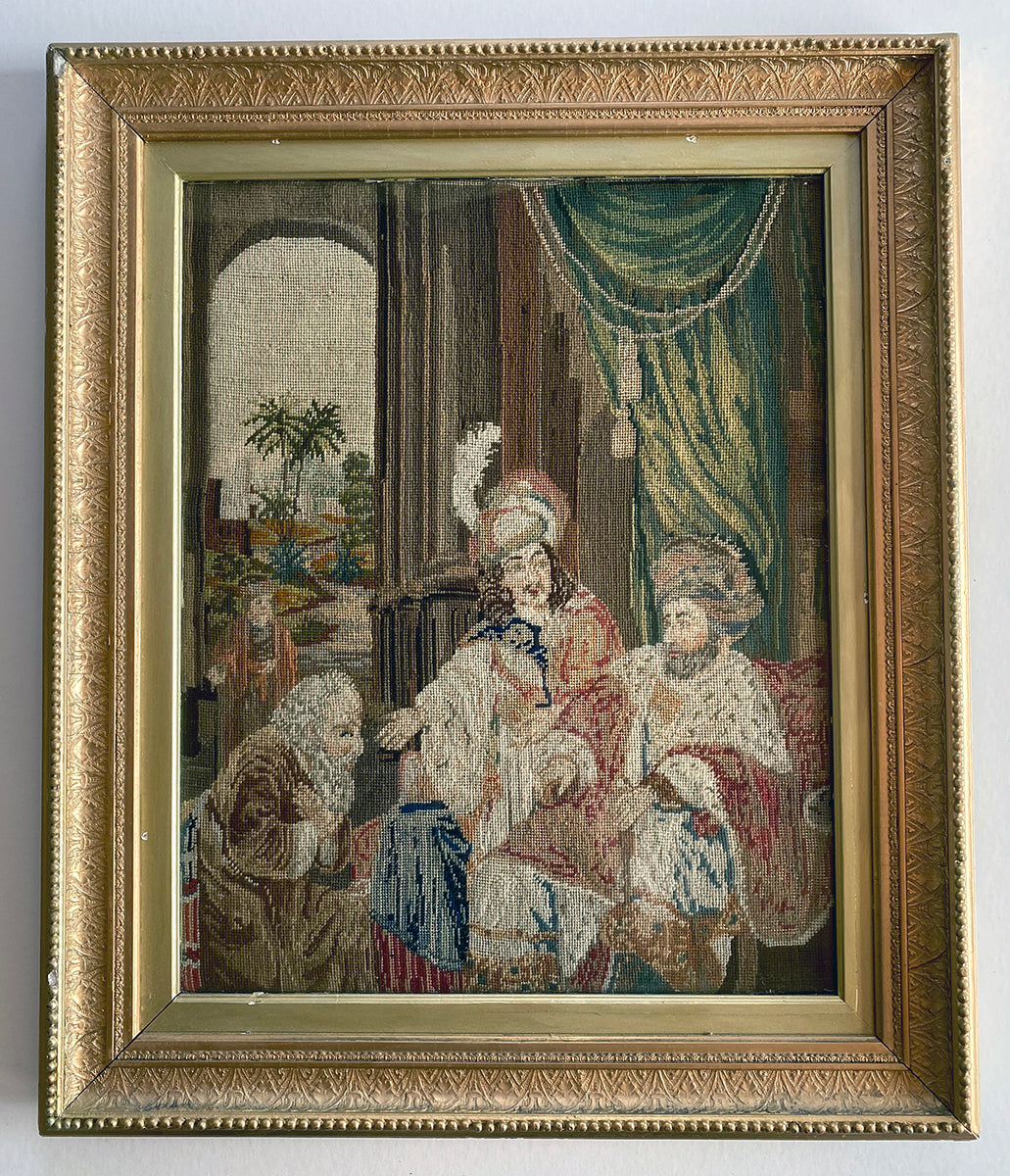 Antique Victorian Needlepoint Tapestry In Frame, c.1850s, King