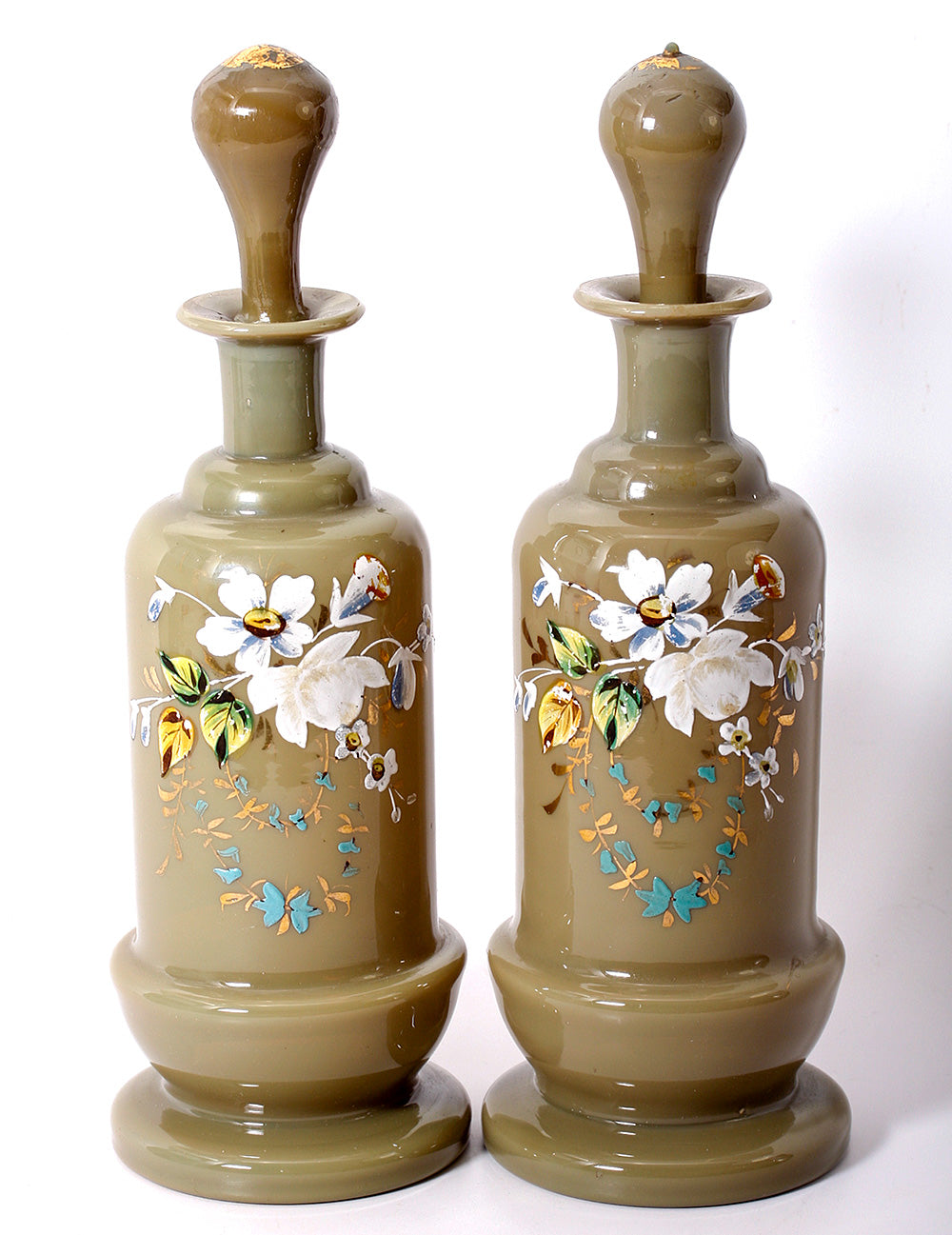 Antique PAIR (2) French Opaline Decanters, 9.5" Tall, Enameled Floral on Tan