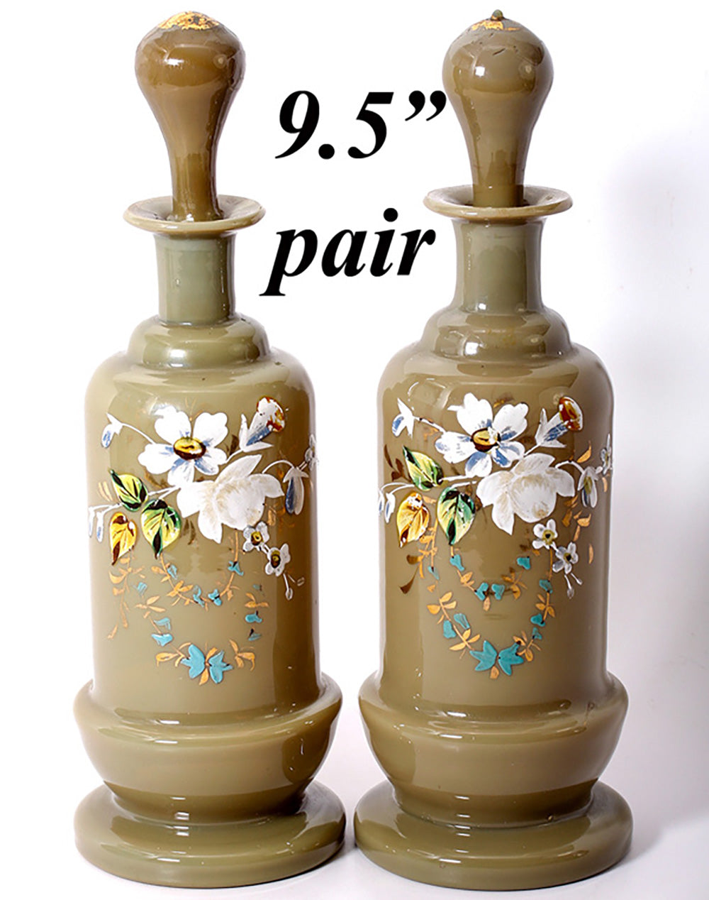 Antique PAIR (2) French Opaline Decanters, 9.5" Tall, Enameled Floral on Tan