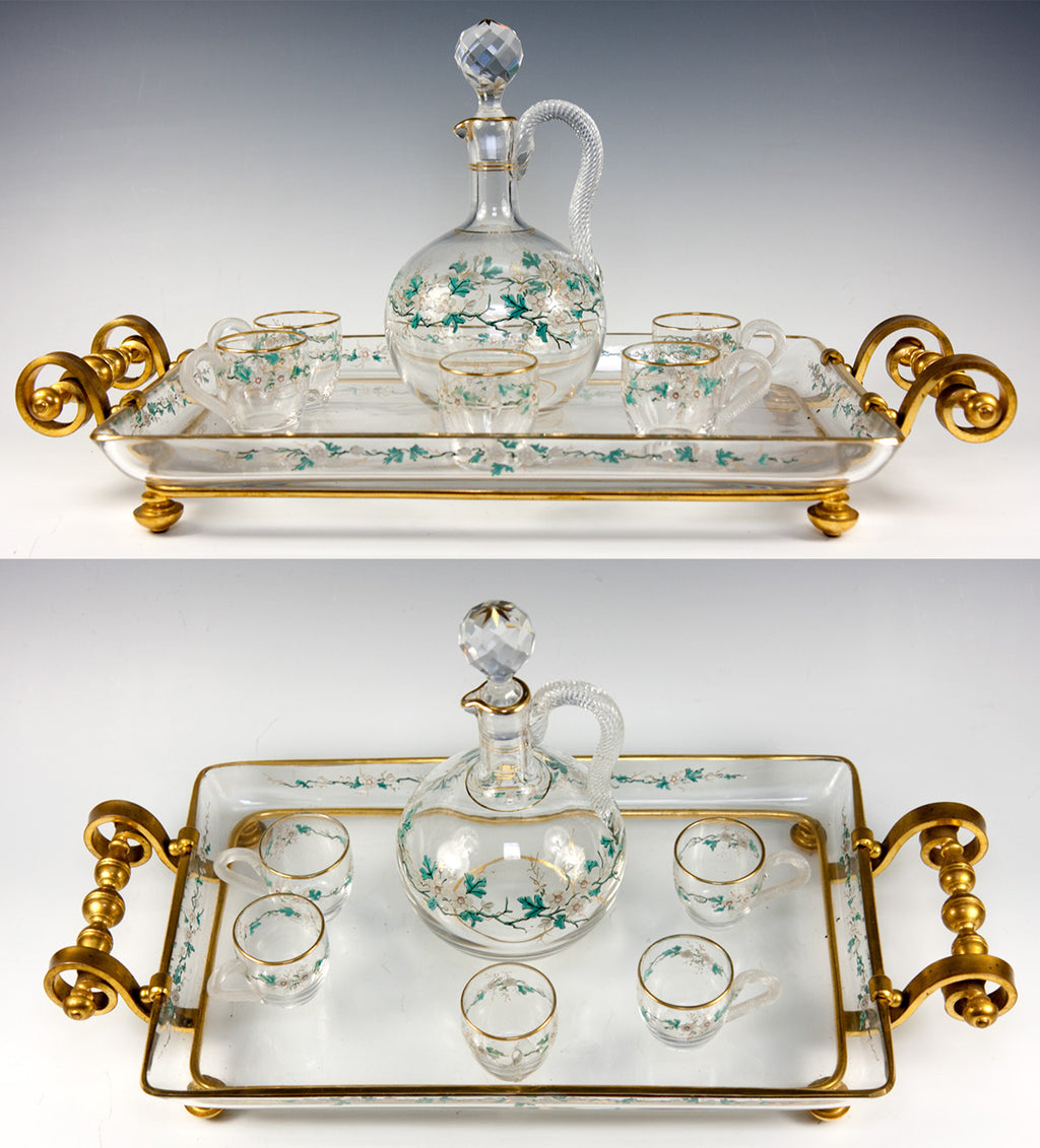 Fine Antique French Baccarat Liqueur Service, Decanter, Cups, Tray - Dore Bronze