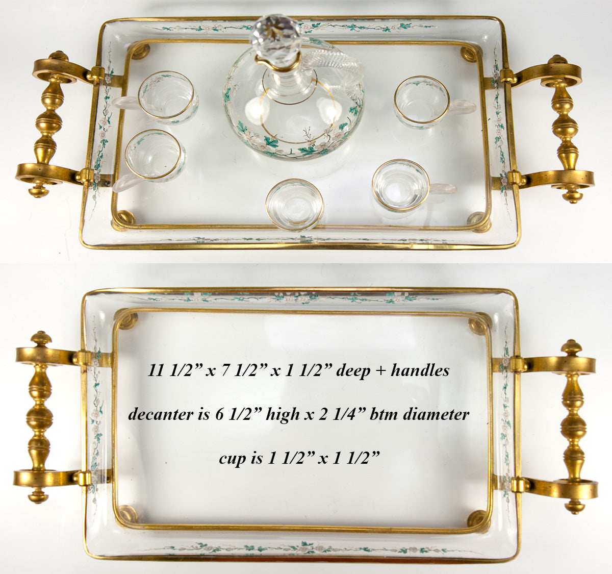 Fine Antique French Baccarat Liqueur Service, Decanter, Cups, Tray - Dore Bronze