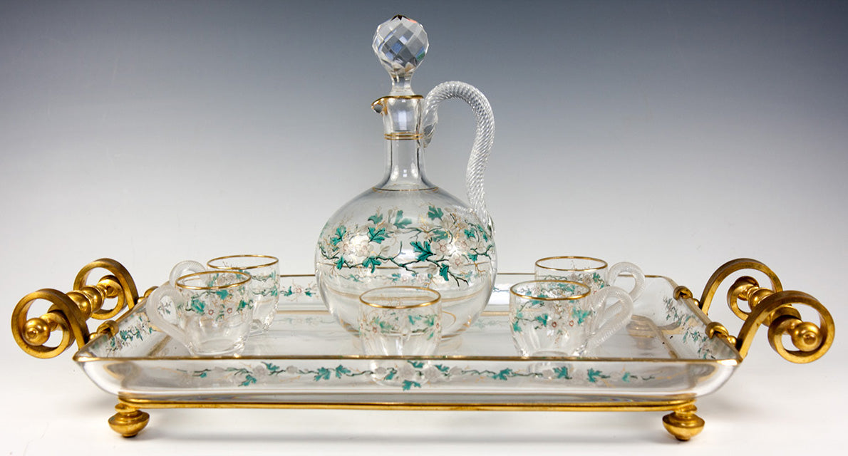 Fine Antique French Baccarat Liqueur Service, Decanter, Cups, Tray - Dore Bronze