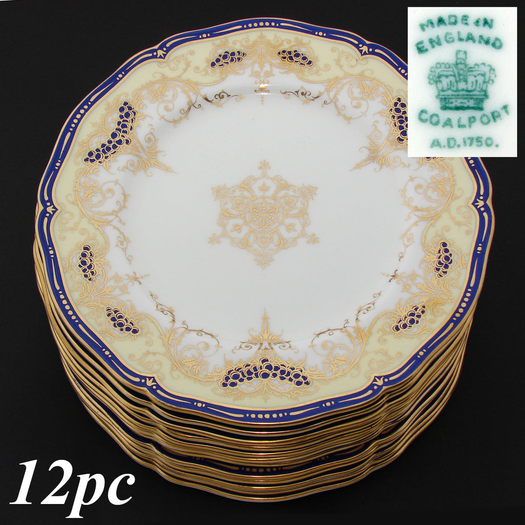 Antique Coalport English Porcelain 12pc 10.25" Dinner Plate Set, Gold & Cobalt