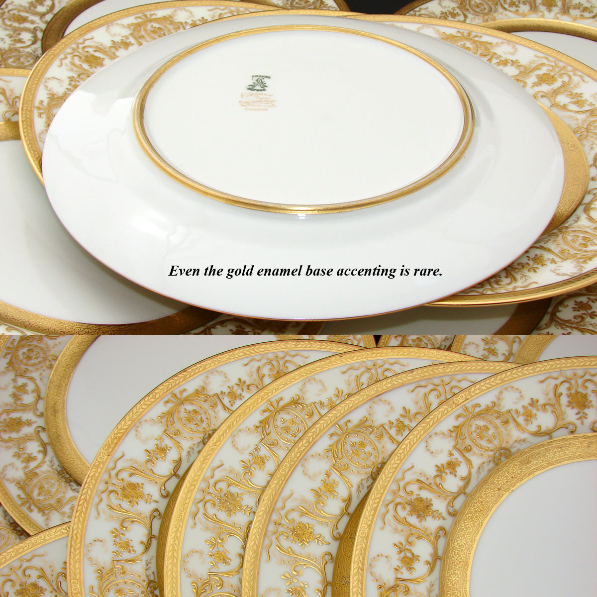 Antique French Limoges 12pc 10.25" Dinner Plate Set, Raised Gold Enamel Encrusted Borders