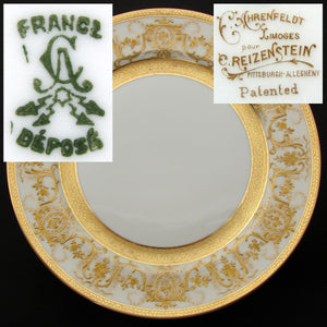 Antique French Limoges 12pc 10.25" Dinner Plate Set, Raised Gold Enamel Encrusted Borders