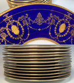 Opulent Raised Gold Enamel Antique Minton Dinner Plates 12pc Belle Epoch, Gold on Cobalt