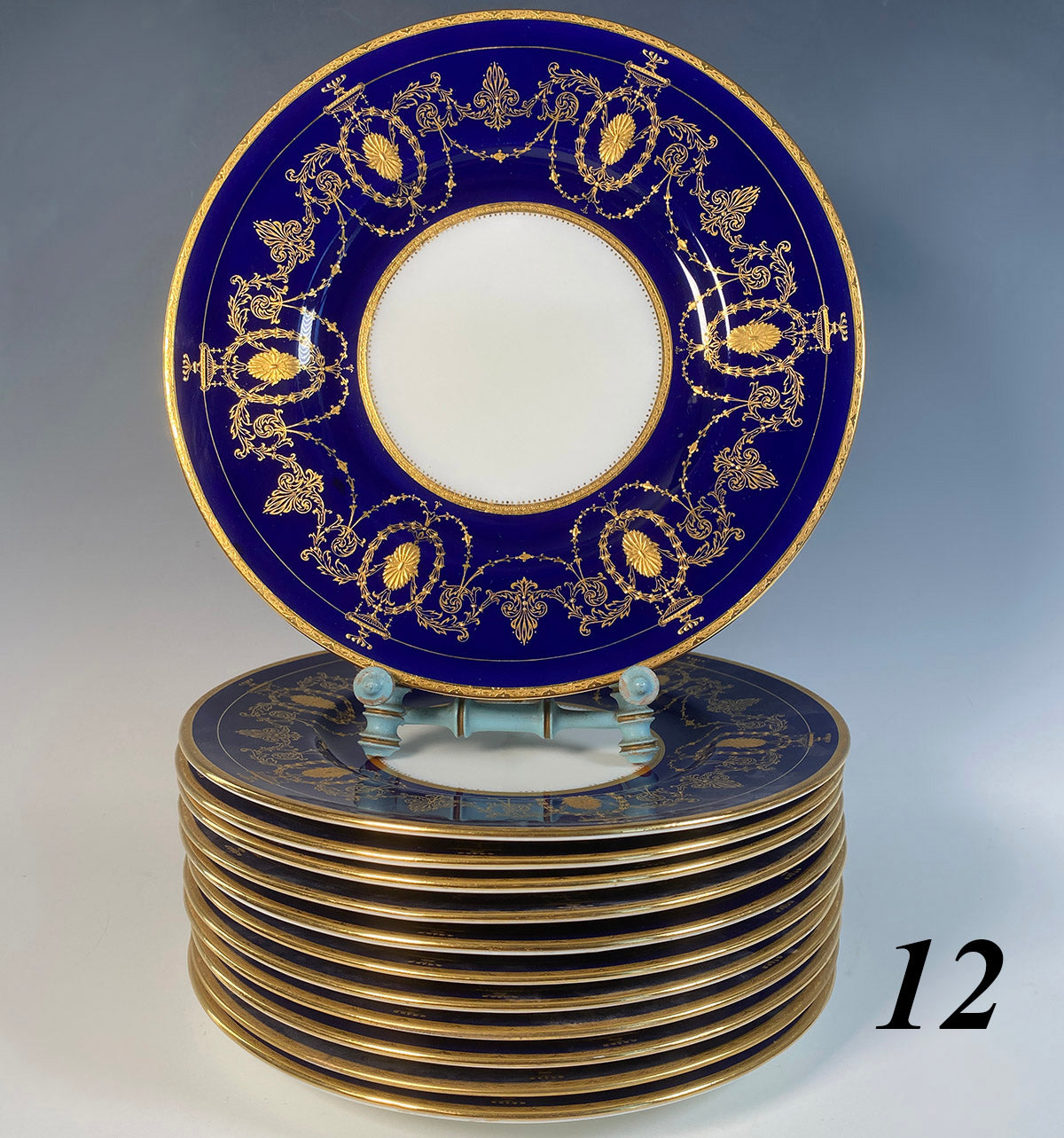 Opulent Raised Gold Enamel Antique Minton Dinner Plates 12pc Belle Epoch, Gold on Cobalt