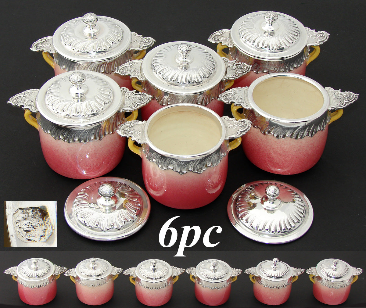 Fab Antique French Stelring Silver & Pink Pottery 6pc Pot de Creme Set, Cream Pots, Rococo Style