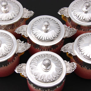 Fab Antique French Stelring Silver & Pink Pottery 6pc Pot de Creme Set, Cream Pots, Rococo Style