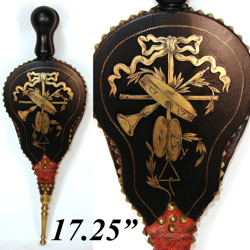 Antique French Fireplace Bellows, Souflet, Napoleon III Boulle Style Music Instrument Marquetry Inlay, 17.25"