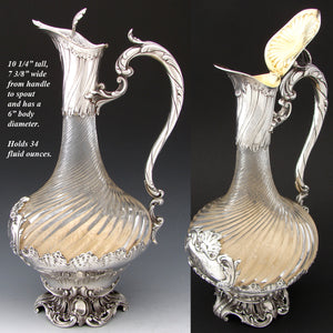 Antique French Sterling Silver & Spiraled Glass Claret Jug, Carafe, Wine Decanter, Rococo Style