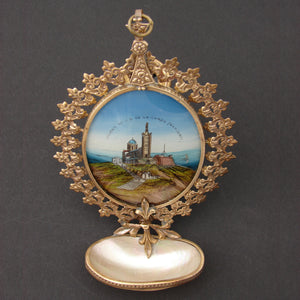 Antique French Napoleon III Benetier or Holy Water Font, Eglomise Cathedral Scene, Pearl Font