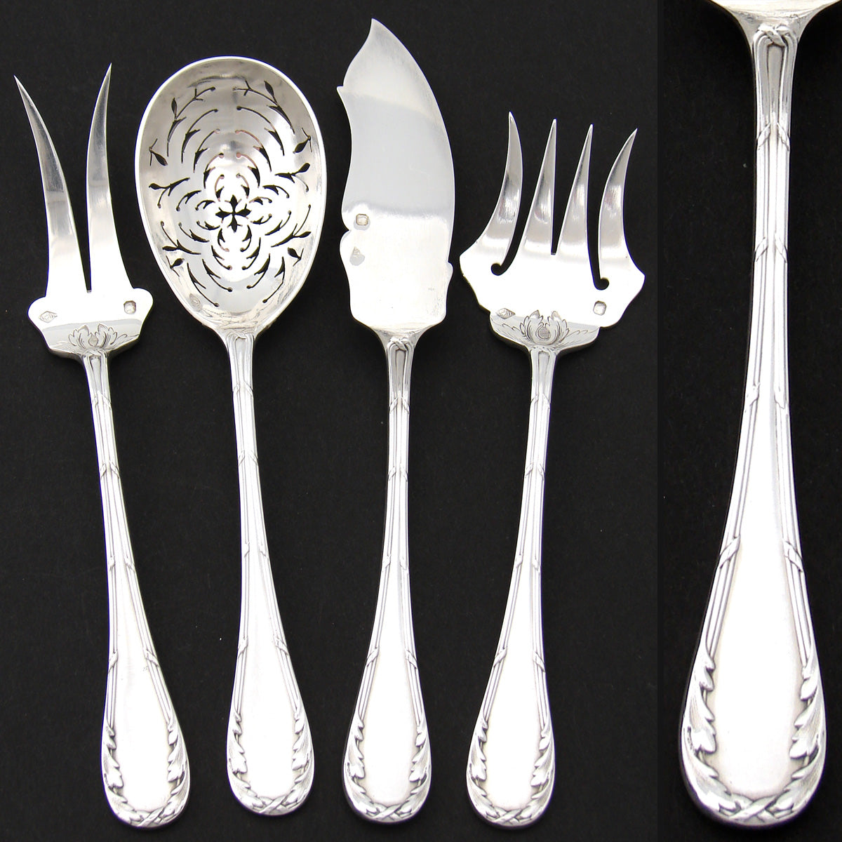Antique French Sterling Silver 4pc Hors d'Oeuvre Serving Set, Acanthus Accenting, Orig. Box