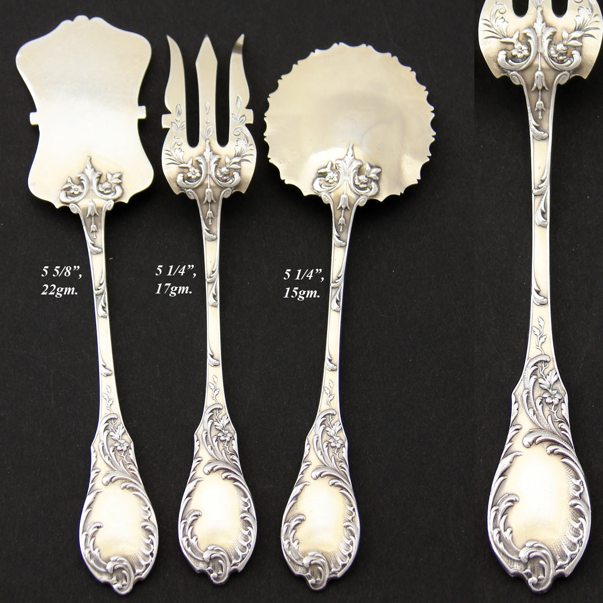 Antique French Vermeil Gold on Silver 3pc Hors d'Oeuvre Serving Set, Rococo Pattern