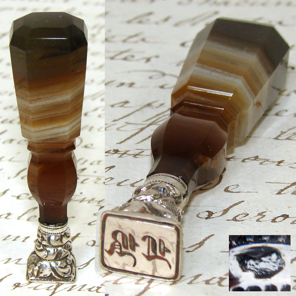 Antique Victorian Era Banded Agate & French Silver Writer's Wax Seal or Sceau, Ornate Monogram
