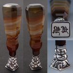 Antique Victorian Era Banded Agate & French Silver Writer's Wax Seal or Sceau, Ornate Monogram