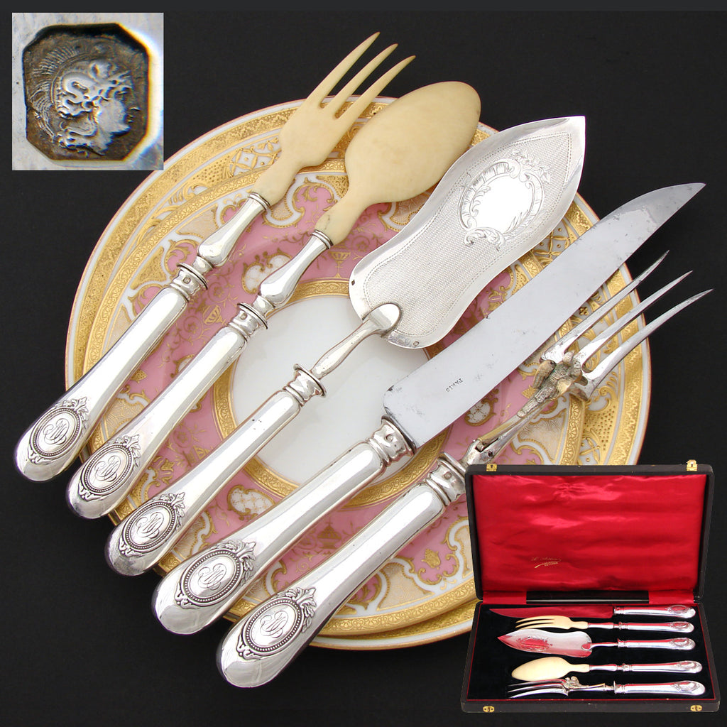 Antique French Sterling Silver 5pc Meat & Salad Serving Utensil, Implement Set, Orig. Box