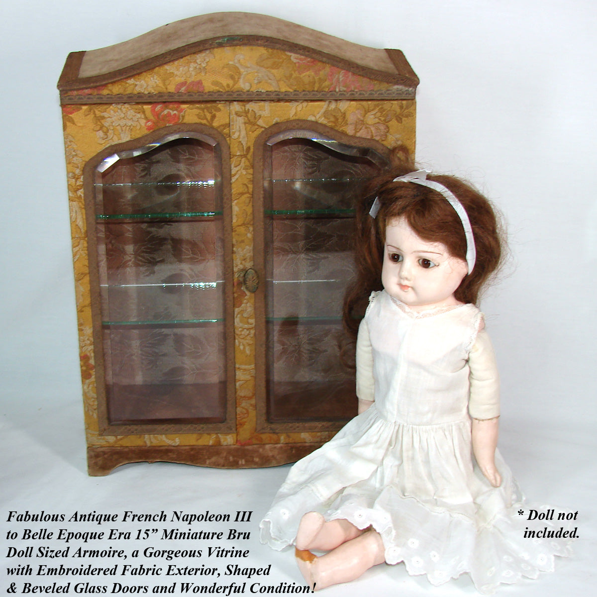 Antique French 15" Miniature Bru Doll Sized Armoire, Embroidered Vitrine, Beveled Glass Doors