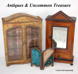 Antique French 15" Miniature Bru Doll Sized Armoire, Embroidered Vitrine, Beveled Glass Doors