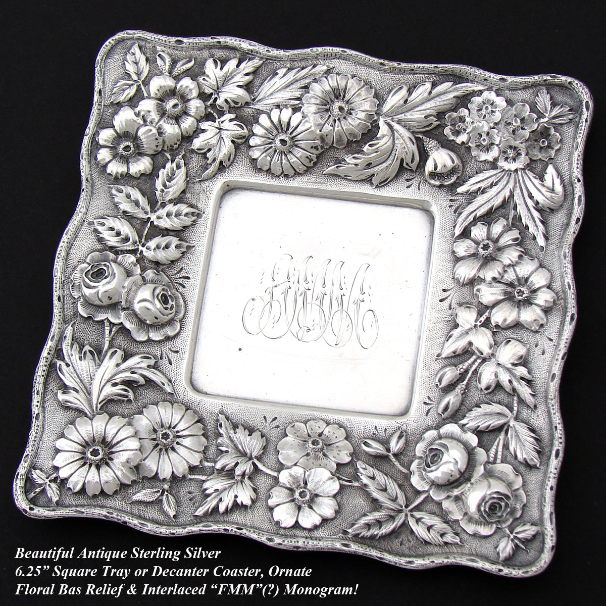 Antique Jenkins & Jenkins Sterling Silver 6.25" Tray, Coaster, Inkwell Base, Raised Floral Bas Relief