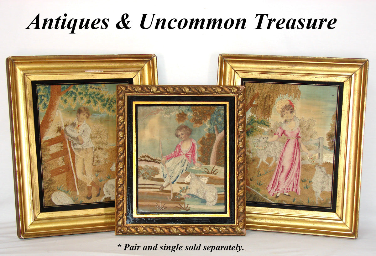 PAIR: Antique 1700 to Early 1800s English Silk Work Embroidery Tapestry, Sampler in Frames, Lamb or Sheep