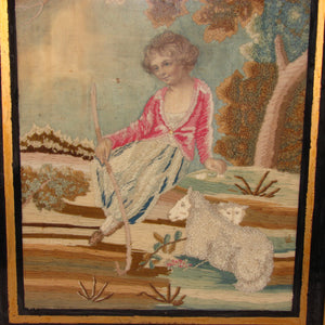 Antique 1700 to Early 1800s English Silk Work Embroidery Tapestry, Sampler in Frame, Lamb or Sheep