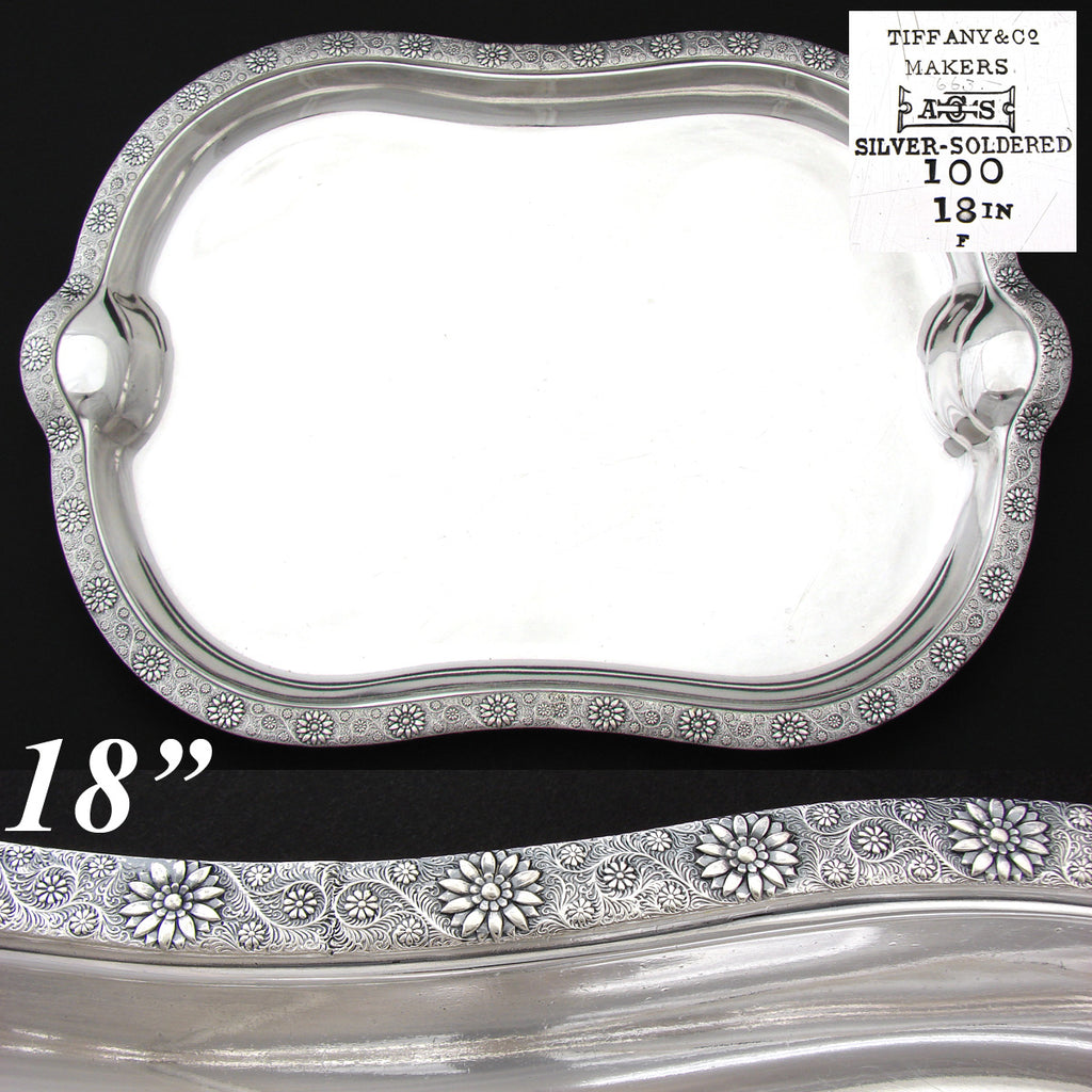 Fine Antique Tiffany & Co. Silver-plate 18" Serving Tray, Daisy or Sunflower Floral Pattern
