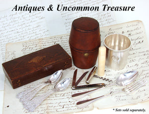 Antique French Sterling Silver Travel Dining Etui: Cup, Flatware, Salt & Pepper, Corkscrew in Leather Case