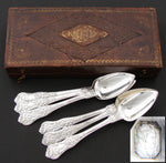 Antique French 1819-1838 Hallmarked Sterling Silver 6pc Teaspoon Set, Embossed Leather Case or Etui