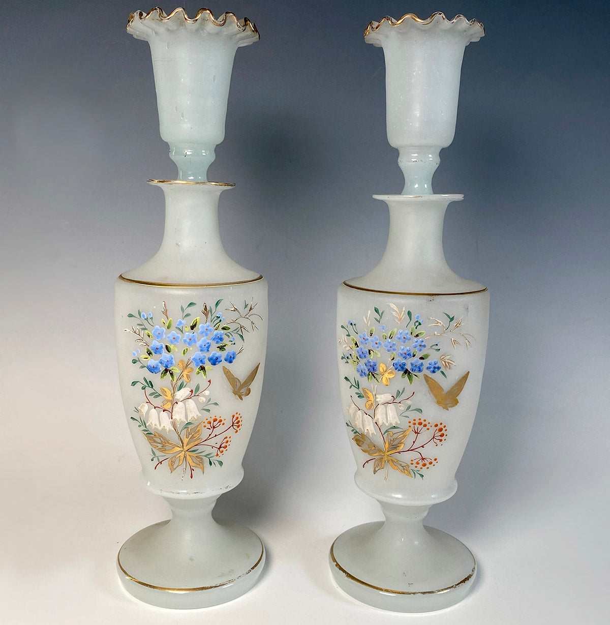 Pair of 11" Tall Antique French Raised Enamel Decanters, Liqueur or Cologne, Butterflies, Flowers