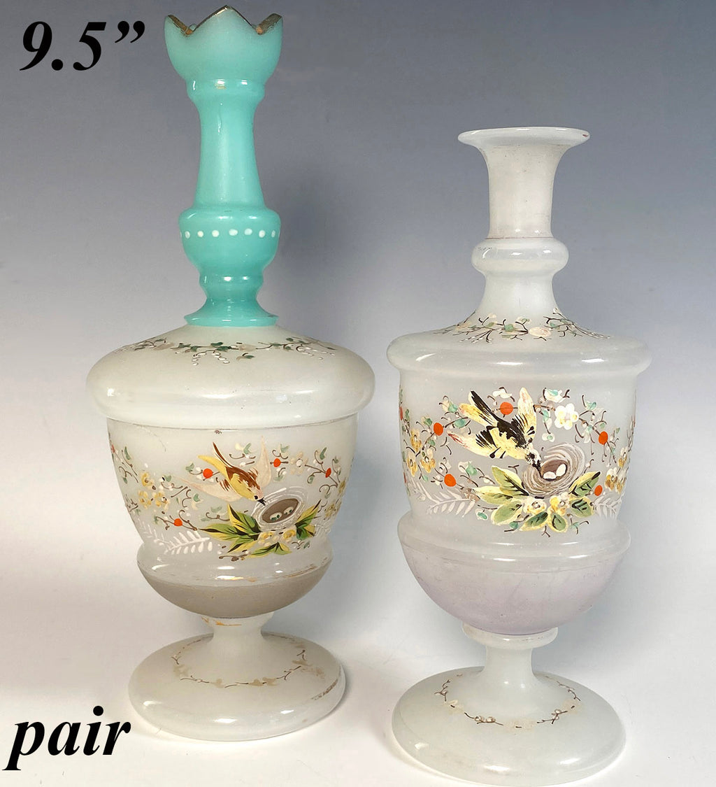 2 Tall Antique French Raised Enamel Decanters, Liqueur or Cologne and Covered Jar, Birds, Flowers