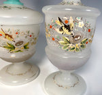 2 Tall Antique French Raised Enamel Decanters, Liqueur or Cologne and Covered Jar, Birds, Flowers