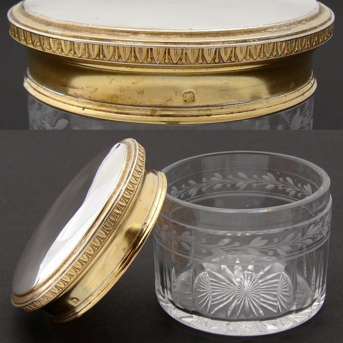 Antique French 3 1/4" Vanity or Dressing Jar, Cut Crystal with Sterling Silver & Vermeil Top