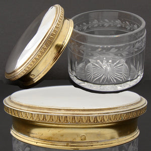 Antique French 3 1/4" Vanity or Dressing Jar, Cut Crystal with Sterling Silver & Vermeil Top